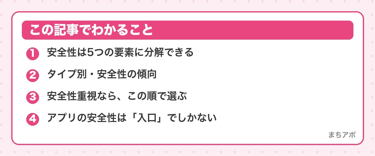 この記事でわかること(安全性でマッチングアプリを選ぶ方法|5つのチェック項目とタイプ別傾向)