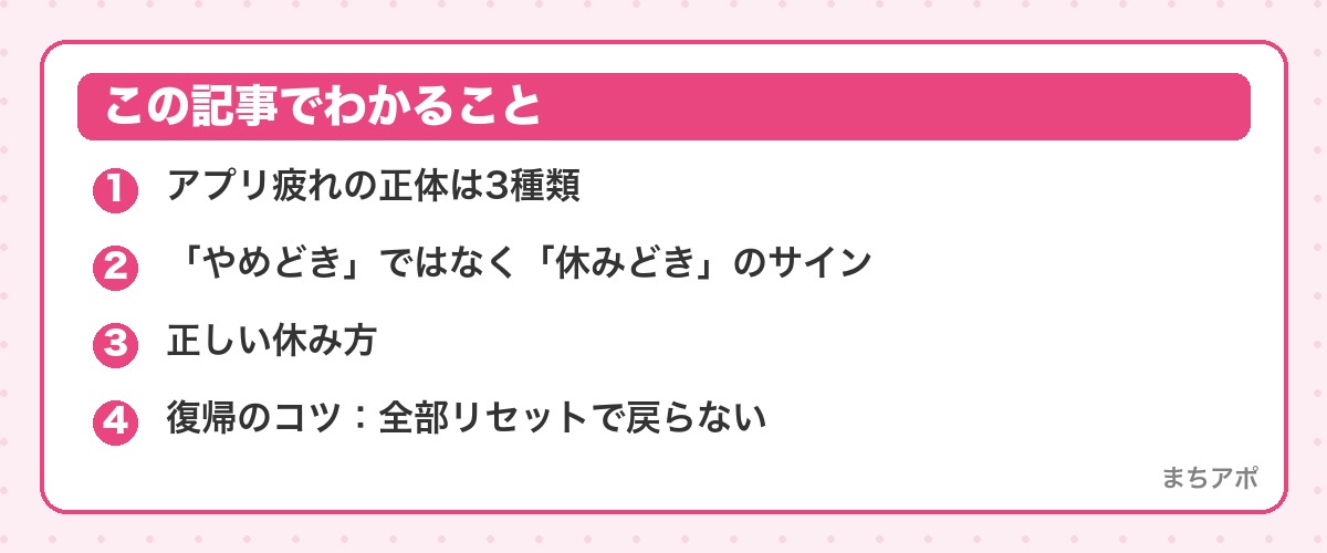 この記事でわかること(マッチングアプリ疲れの正体と上手な休み方|復帰は縮小運転から)