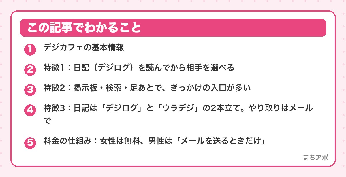 この記事でわかること（デジカフェ レビュー｜日記（デジログ）で相手を知ってから出会う老舗サイトの料金…）