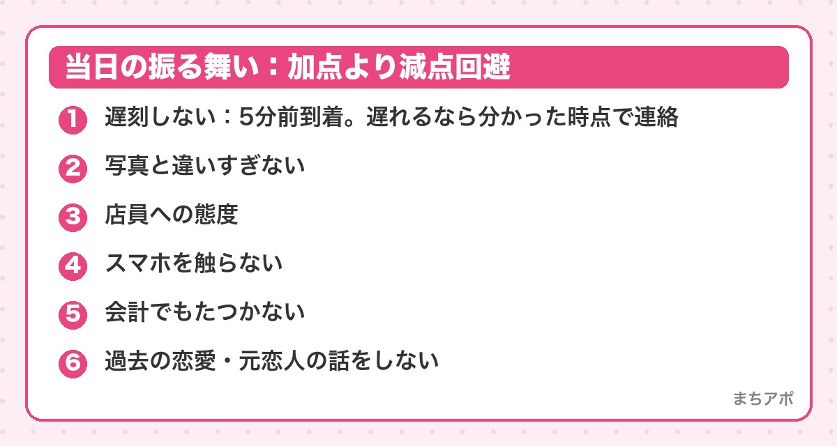 当日の振る舞い:加点より減点回避(マッチングアプリの初デート完全ガイド|場所選びと当日の振る舞い)