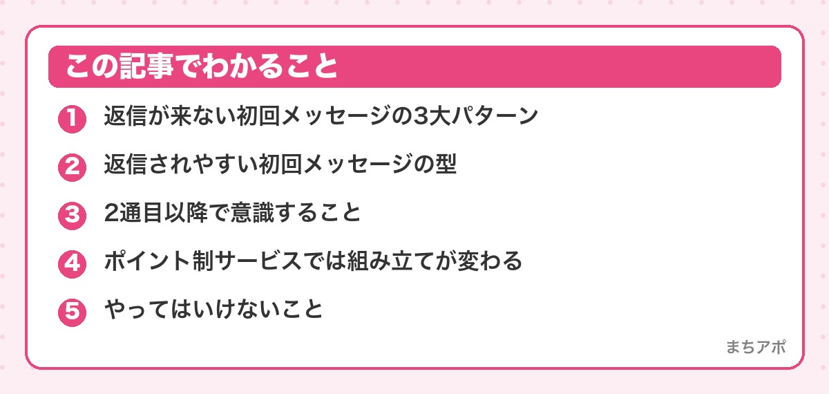 この記事でわかること(マッチングアプリの初回メッセージのコツ|返信率が変わる3行の型)