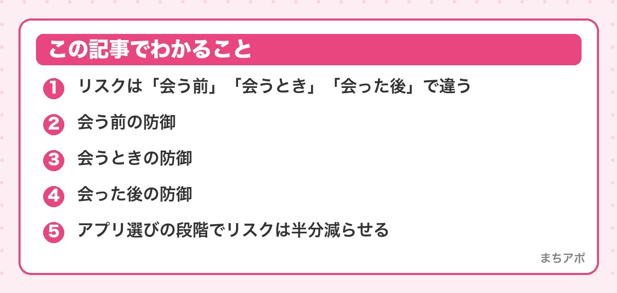 この記事でわかること（女性のためのマッチングアプリ安全ガイド｜会う前・会うとき・会った後）
