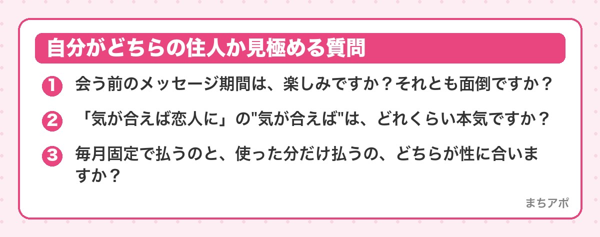 自分がどちらの住人か見極める質問（気軽な出会いと恋活アプリの違い｜文化・速度・費用構造で見る使い分け）