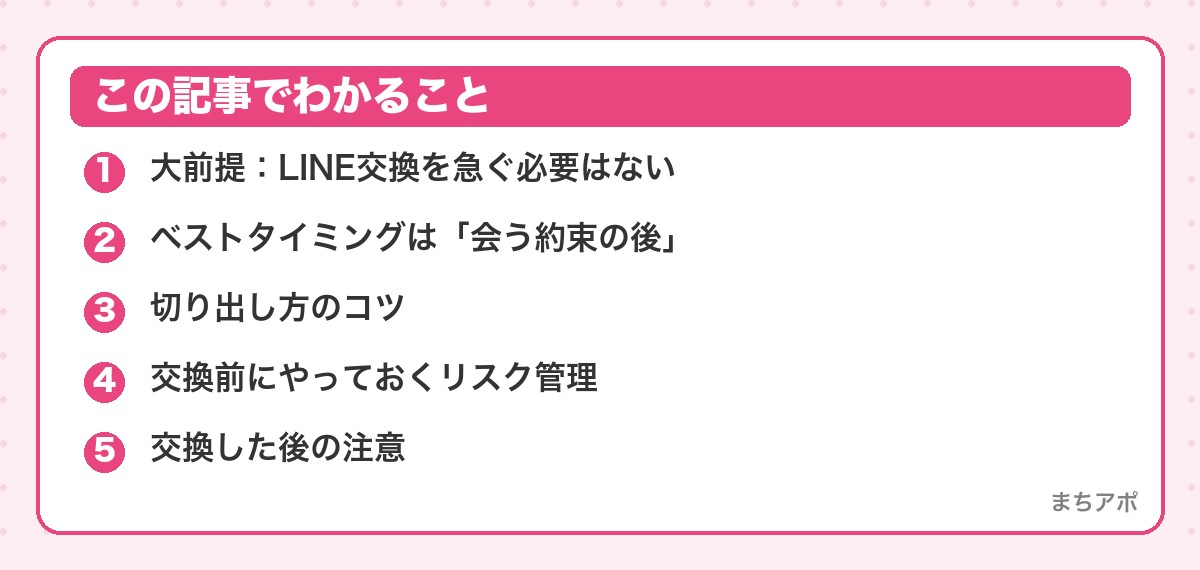 この記事でわかること（マッチングアプリのLINE交換のタイミング｜会う約束の後がベスト）