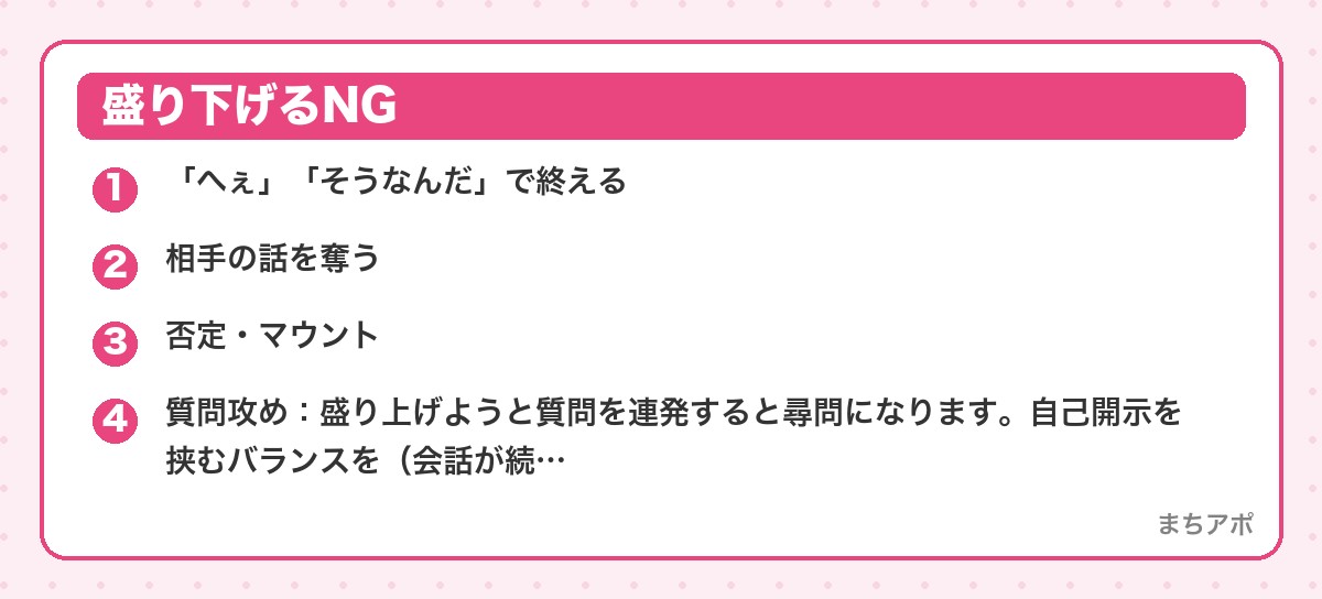 盛り下げるNG（マッチングアプリで盛り上がる会話の技術｜聞き方と返し方の質問例つき）