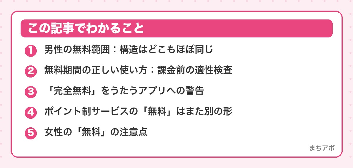 この記事でわかること（マッチングアプリは無料でどこまで使える？男女別・タイプ別の境界線）